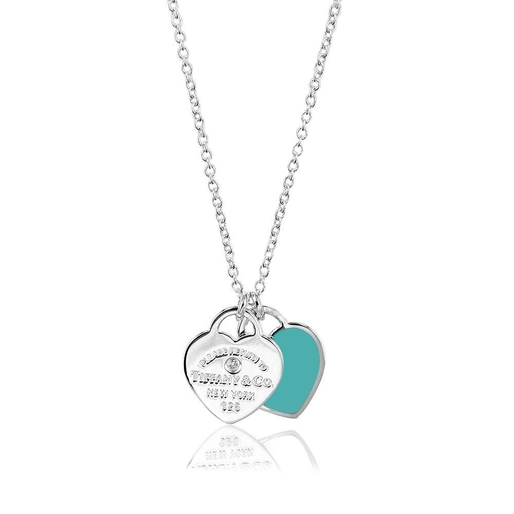 二手品 Tiffany&Co. 迷你雙心藍琺瑯鑲鑽925純銀項鍊