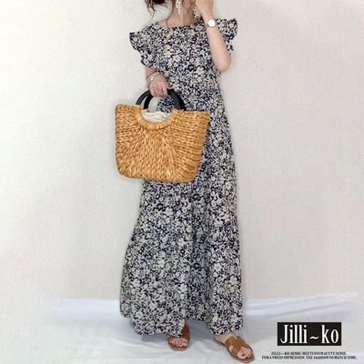 JILLI-KO 荷葉袖印花長款連衣裙- 藍色