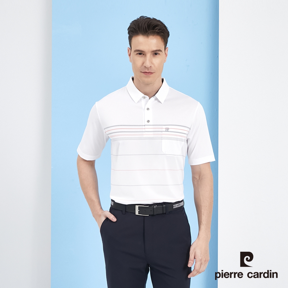 Pierre Cardin皮爾卡登 男款 吸濕排汗定位橫條短袖polo衫-白色(5217292-90)