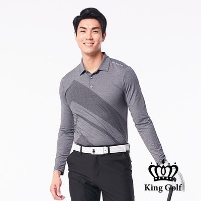 【KING GOLF】男款雪花布紋大線條印圖薄款長袖POLO衫-灰色