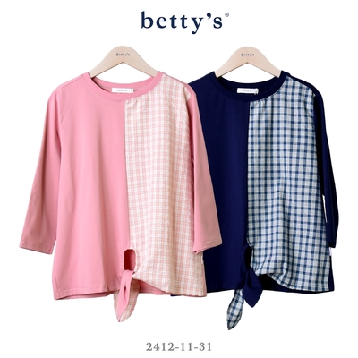 betty’s專櫃款 格紋拼接下襬綁帶七分袖T-shirt(共二色)