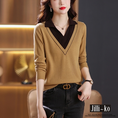 JILLI-KO 假兩件上衣女翻領拼色打底針織衫- 卡其