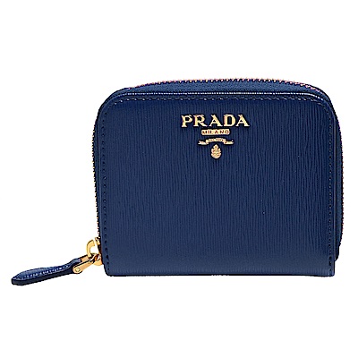 PRADA 經典金色浮雕LOGO直紋牛皮拉鍊卡夾/零錢包(藍)