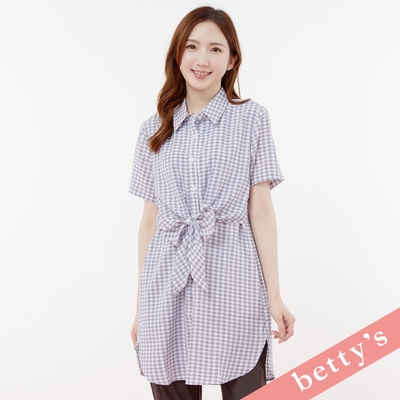 betty’s貝蒂思 長版知性格紋腰間綁帶襯衫(灰藍色)