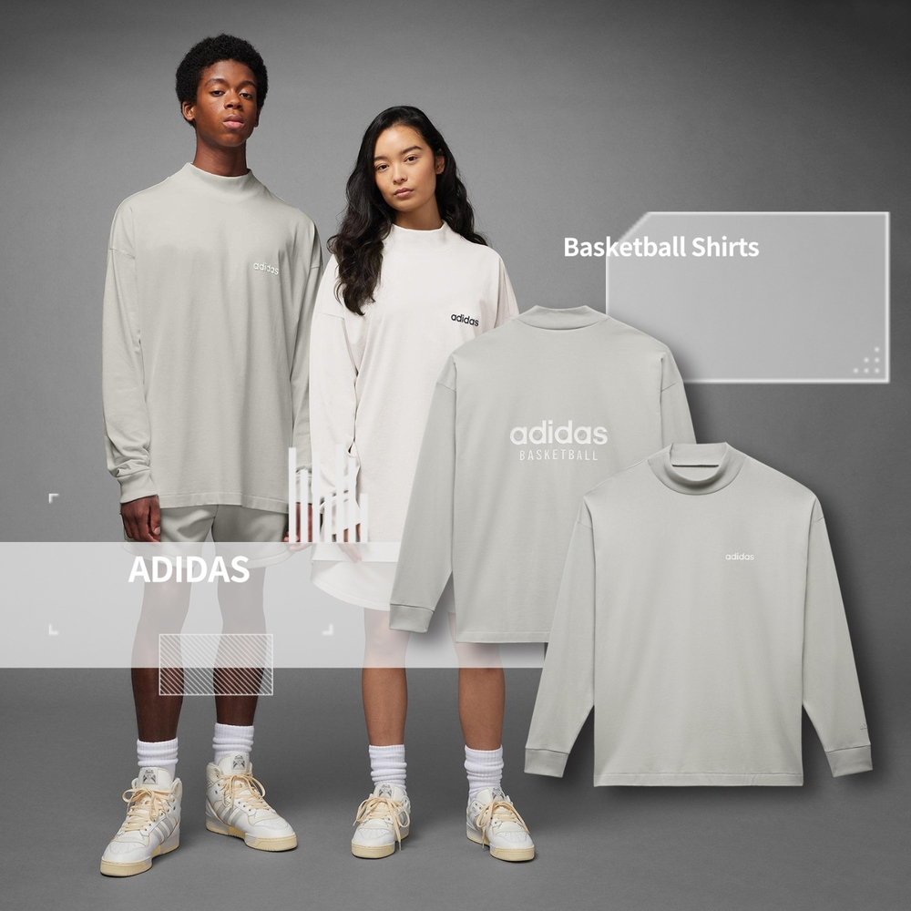 adidas 長袖上衣 Basketball 灰 白 男女款 微高領 長T 休閒 愛迪達 IA3423