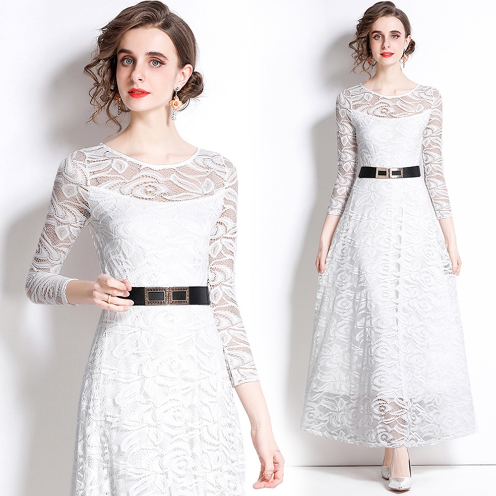 玩美衣櫃白色鏤空刺繡蕾絲洋裝連身裙M-2XL-M2M