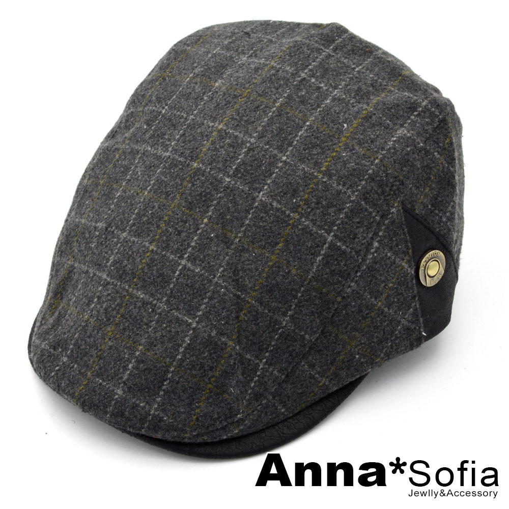 AnnaSofia 虛線方格單飾銅釦 毛呢鴨舌帽小偷帽(黑革系-灰格)