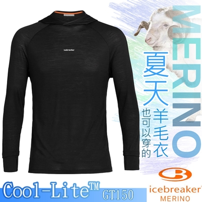 Icebreaker 男款 美麗諾羊毛 COOL-LITE 休閒圓領長袖連帽上衣_黑