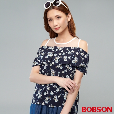 【BOBSON】女款荷葉拼接裸肩上衣 (70090-53)