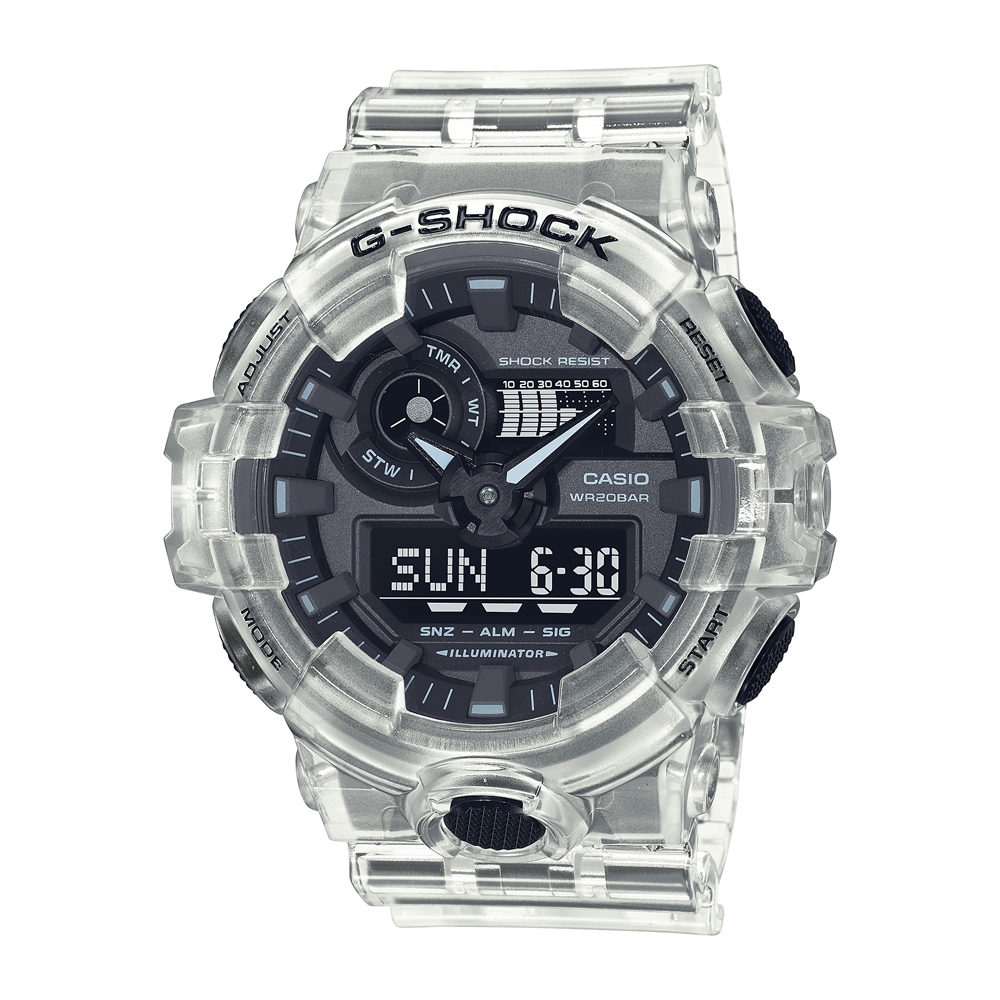 CASIO卡西歐 G-SHOCK 半透明 炫白透 大錶徑 雙顯系列 GA-700SKE-7A_53.4mm