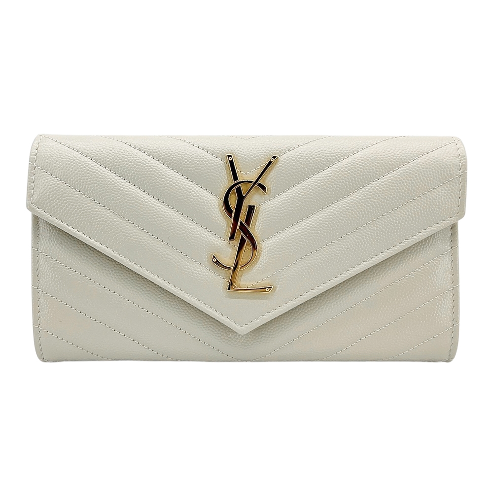 二手品 YSL 山型紋金Logo二折釦式長夾(372264-米白)