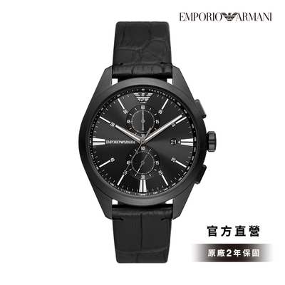 Emporio Armani Claudio 時空旅人日曆計時手錶 黑色皮革錶帶 43MM AR11483