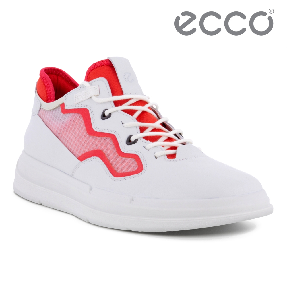 ECCO SOFT X W 純色亮眼網面拼接休閒鞋 女鞋 白色/木槿紅