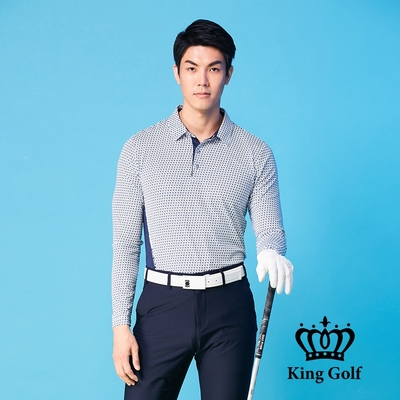 【KING GOLF】男款K字滿版印圖腰間撞色長袖POLO衫-藍色