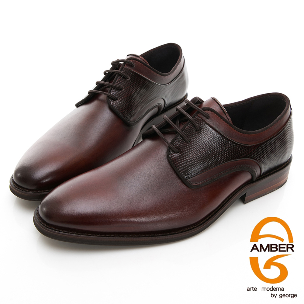 【AMBER】 尊爵時尚 葡萄牙進口綁帶十字紋拼接紳士皮鞋-棕色