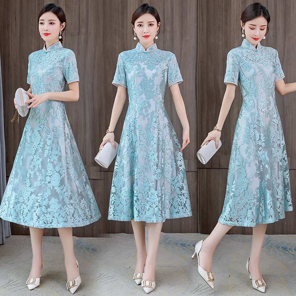 玩美衣櫃灰藍立領雅麗繡花改良旗袍洋裝S-3XL-REKO | 短袖洋裝| Yahoo 