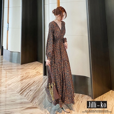 JILLI-KO V領雪紡碎花高腰長袖桔梗洋裝- 黃色