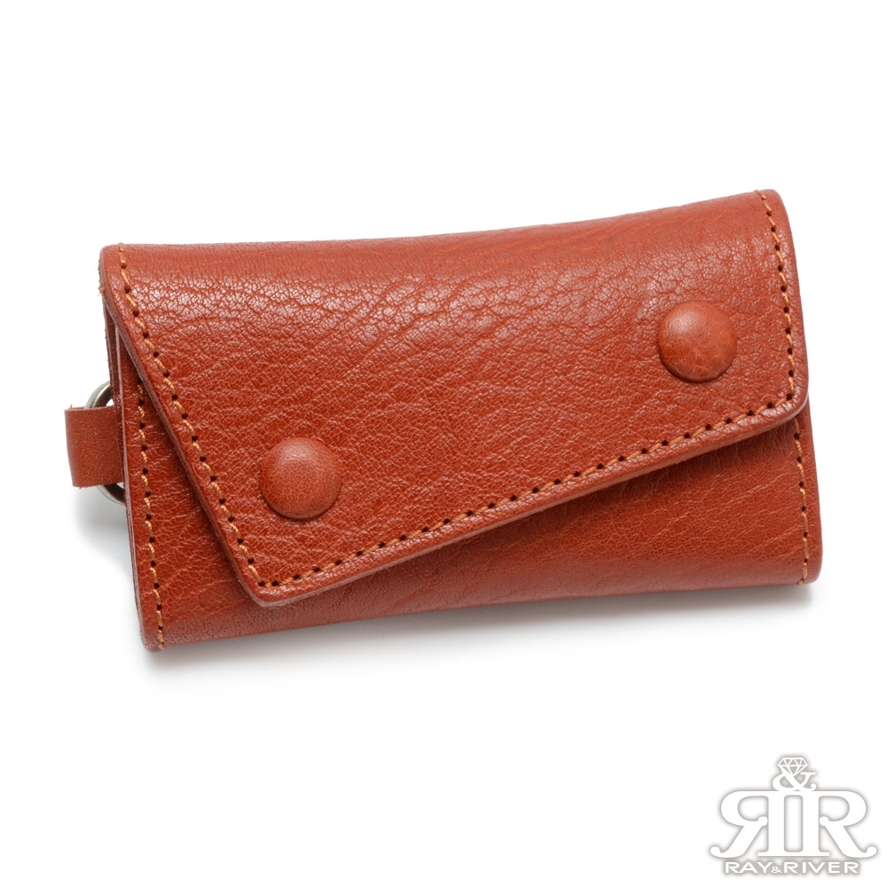 2R 植鞣樹羔牛皮 Leather 復古雙釦鑰匙包 經典紅棕