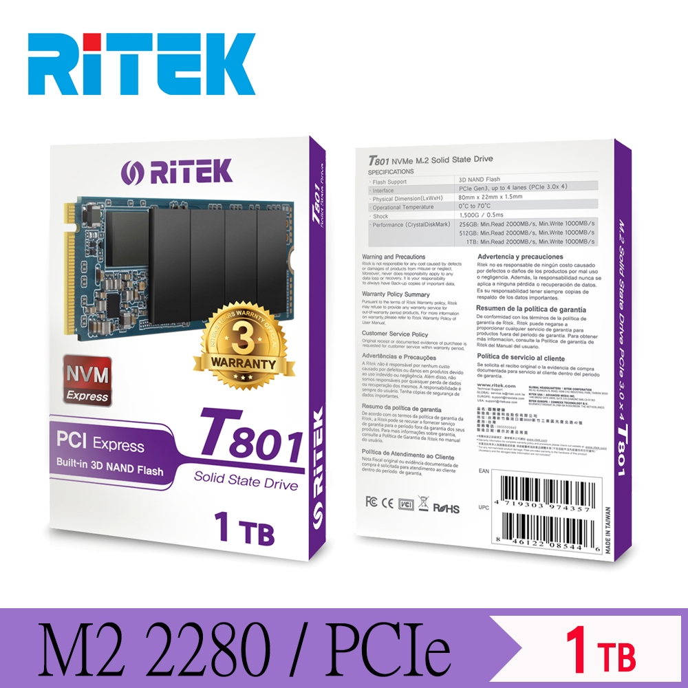 RITEK錸德 T801 1TB M2 2280/PCI-E SSD固態硬碟