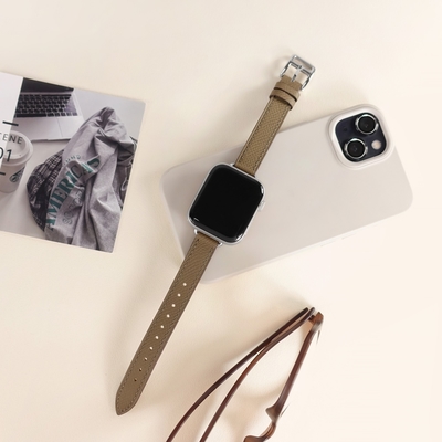 Apple Watch 全系列通用錶帶 蘋果手錶替用錶帶 荔枝皮紋 同寬 真皮錶帶-灰綠色