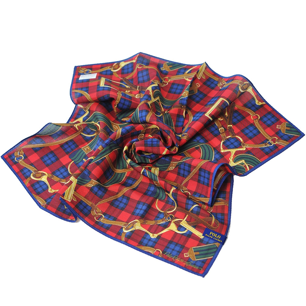 RALPH LAUREN POLO 品牌LOGO蹄扣皮穿鍊條蘇格蘭格圖騰絲混棉質大帕領巾(紅藍格)