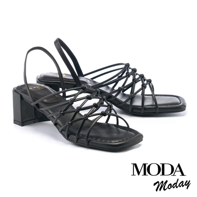 涼鞋 MODA MODAY 簡約交叉線條羊皮方頭粗跟涼鞋－黑