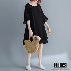 JILLI-KO 夏季雪紡荷葉邊遮肚子顯瘦連衣裙 - 黑色