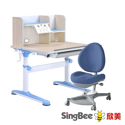 【SingBee 欣美】寬90cm SBC-601 非凡成長雙板桌+90桌上書架+138椅-藍/粉 (書桌椅 兒童桌椅 兒童書桌椅 升降桌)