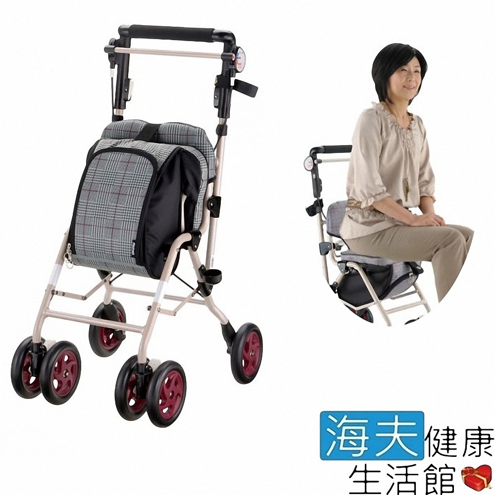 海夫健康生活館 日本 折疊 儲物 剎車 三段輪角度 輕量型 購物散步車 灰色格紋 HEFR-24