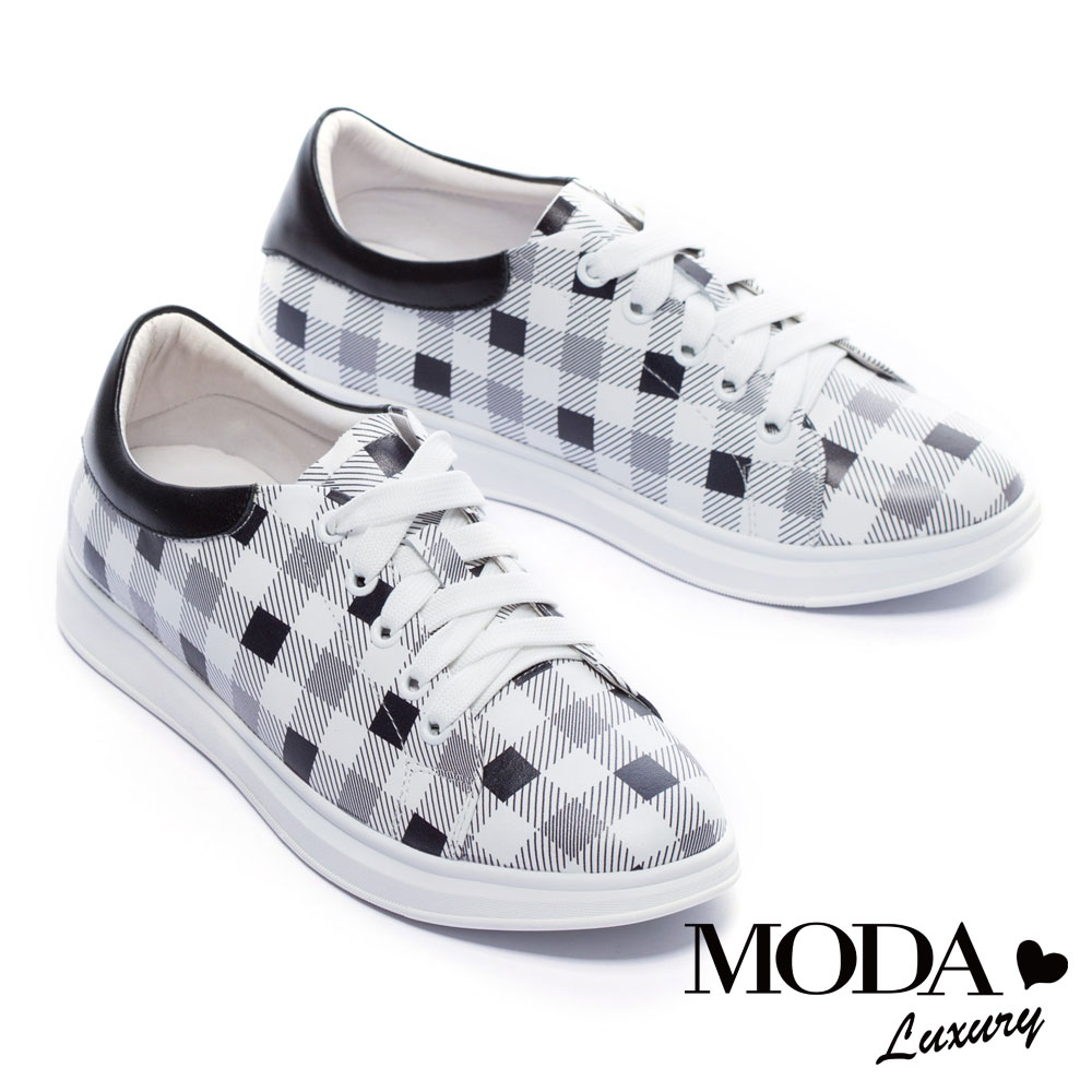 休閒鞋 MODA Luxury 經典格紋拼接全真皮厚底休閒鞋－黑
