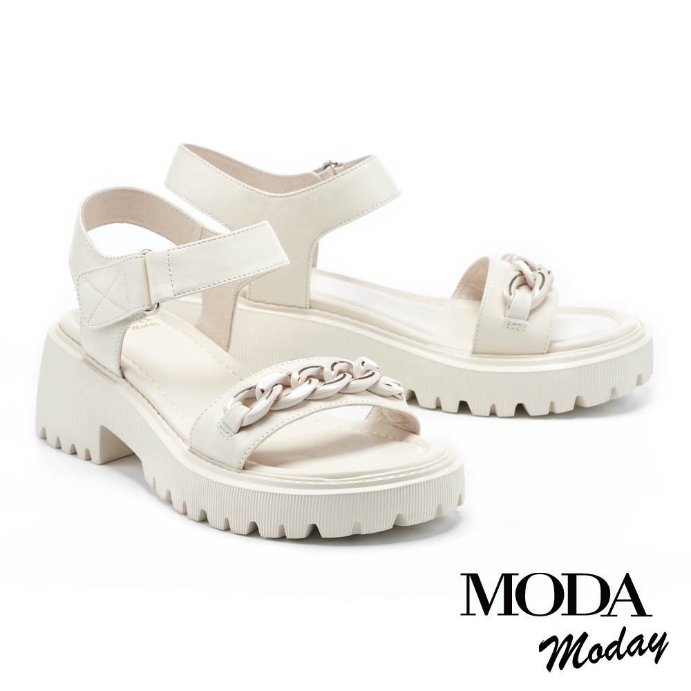 涼鞋  MODA MODAY 日常簡約鏈條魔鬼氈牛皮低跟涼鞋－白