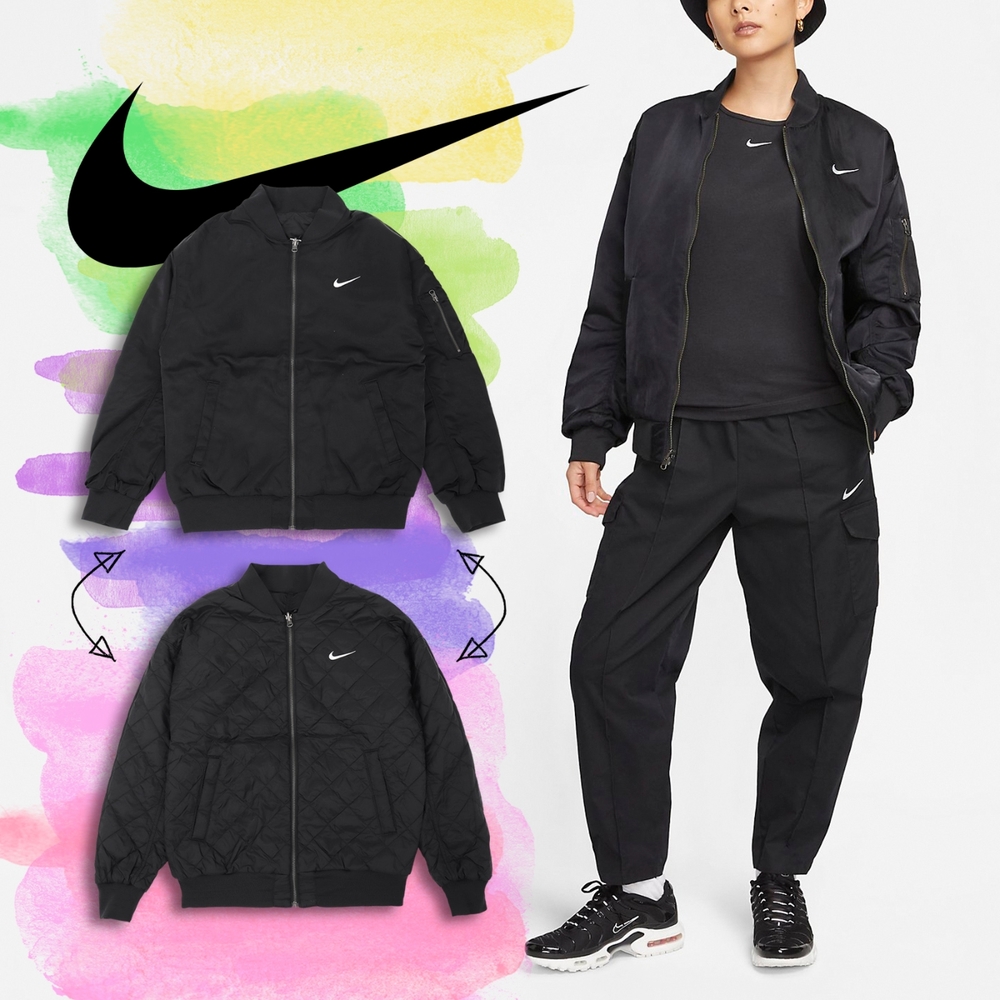 Nike 外套 NSW Varsity Bomber 女款 黑 白 大勾 飛行外套 雙面穿 絎縫 菱格紋 DV7877-010