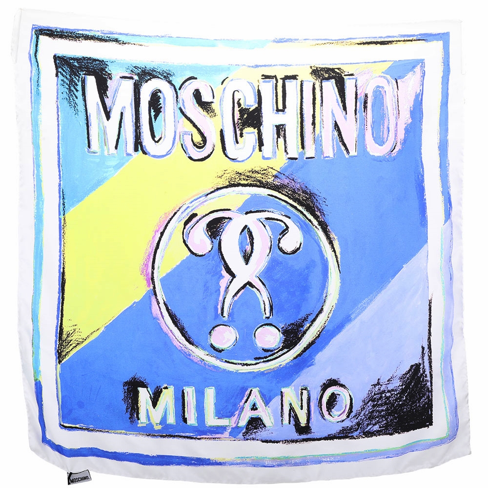 MOSCHINO 蠟筆雙問號塗鴉字母藍白色絲質方巾(68x68)