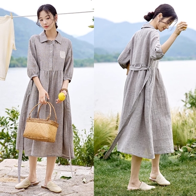 獨家高端限量系列 100%日本色織細格亞麻復古中長裙-設計所在