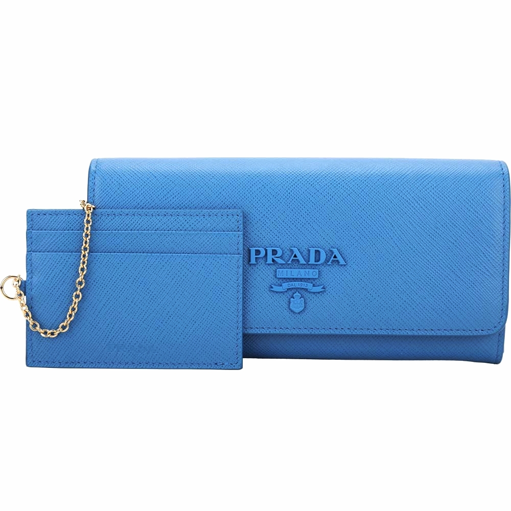 PRADA Saffiano 字母浮刻防刮牛皮釦式長夾(藍色)