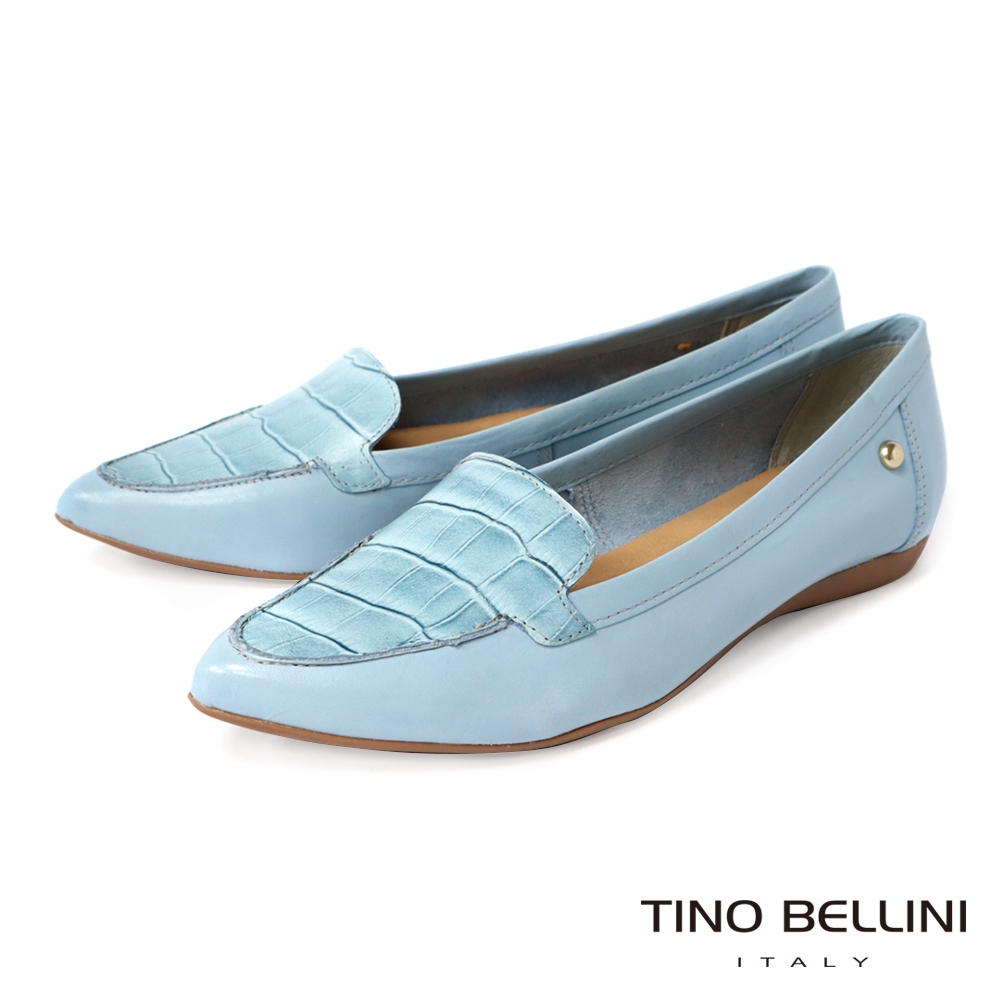 Tino Bellini 巴西進口鱷魚紋拼接牛皮微尖楦舒足平底鞋_淺藍