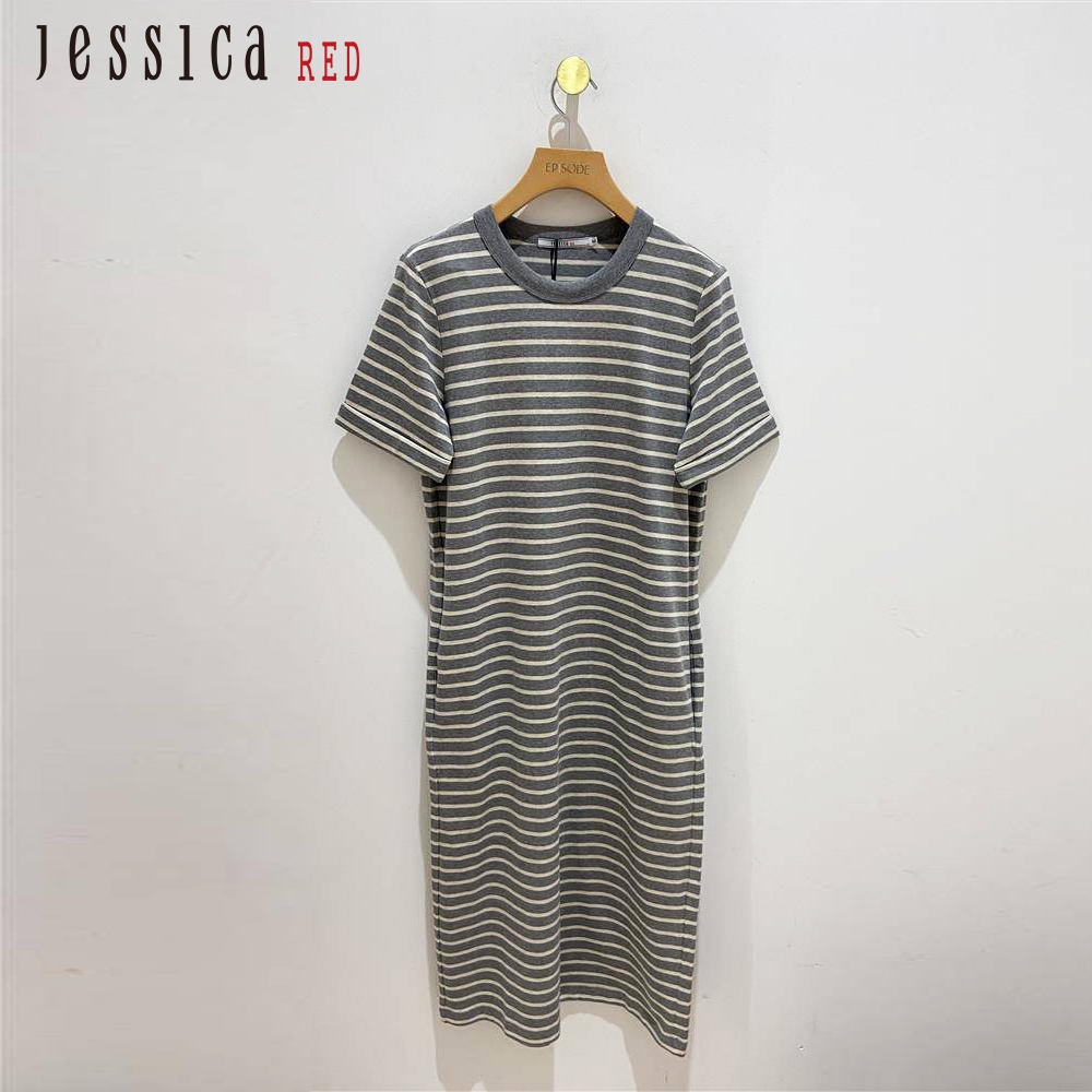 JESSICA RED - 休閒寬鬆條紋棉質圓領短袖長洋裝833X71（灰底杏條）
