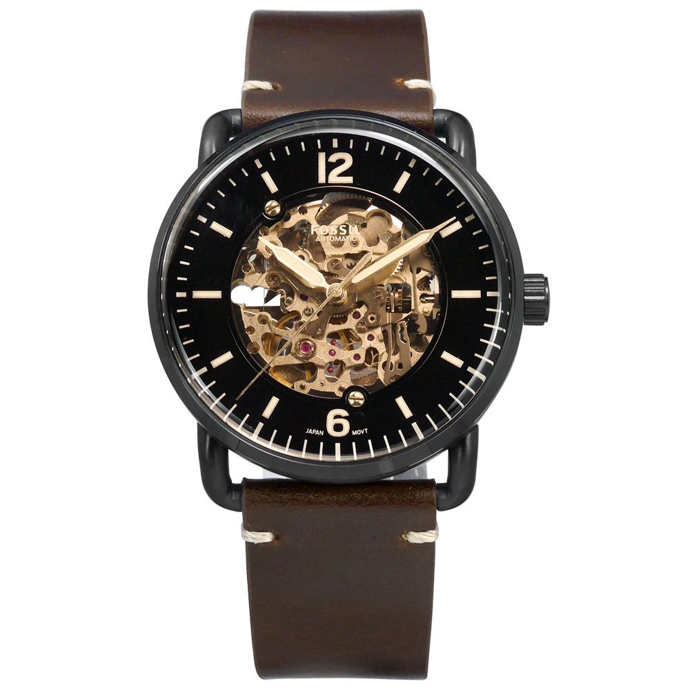 FOSSIL 機械錶鏤空錶盤自動手動上鍊真皮手錶-黑x深棕/42mm