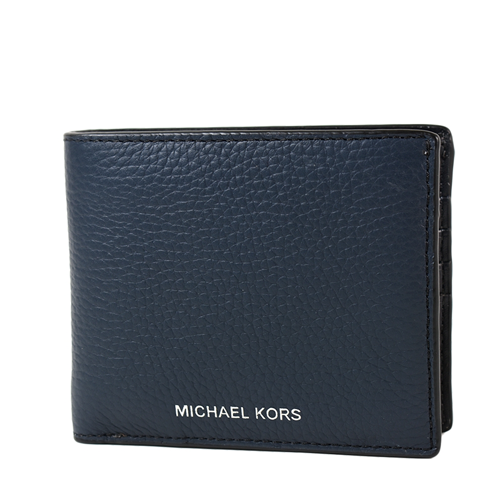 MICHAEL KORS 男款 燙印LOGO荔枝紋皮革八卡短夾/附證件夾-海軍藍