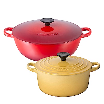 (結帳再折1000) LE CREUSET 鑄鐵媽咪鍋22cm櫻桃紅+鑄鐵圓鍋20cm溫桲黃