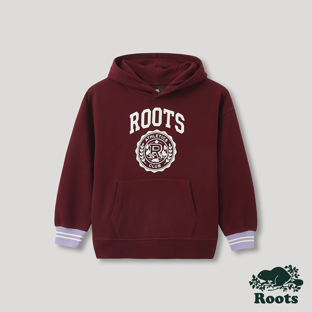 Roots大童-運動派對系列 學院風LOGO連帽上衣-酒紅