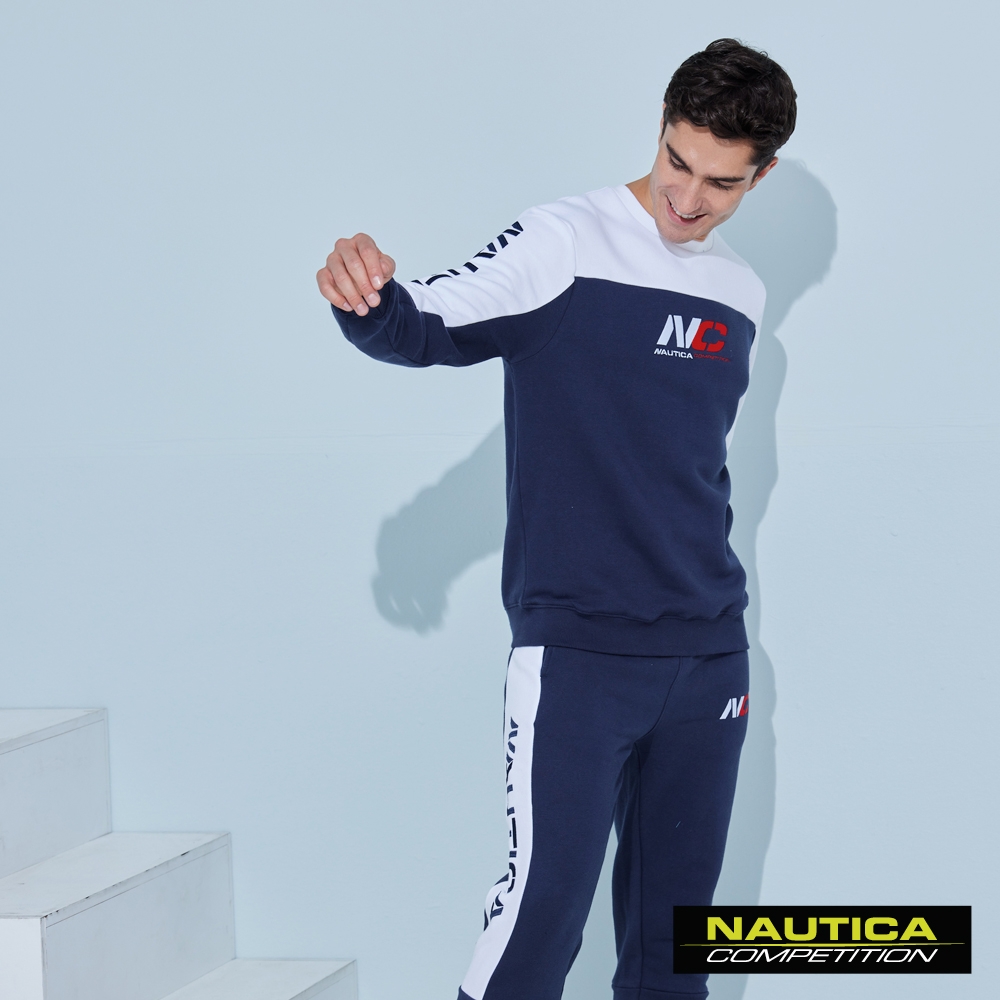 Nautica 男裝 COMPETITION撞色拼接長袖大學T-深藍