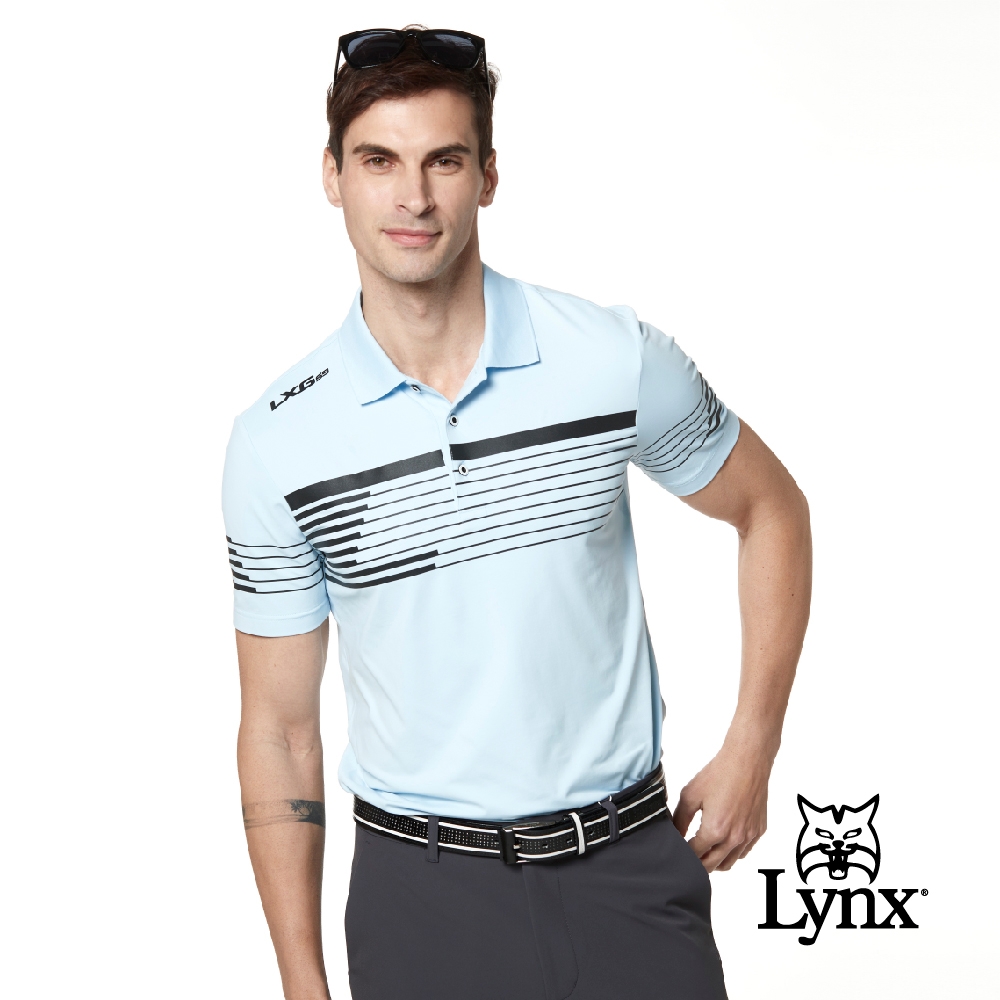【Lynx Golf】Korea 男款條紋交錯設計短袖POLO衫-水藍色