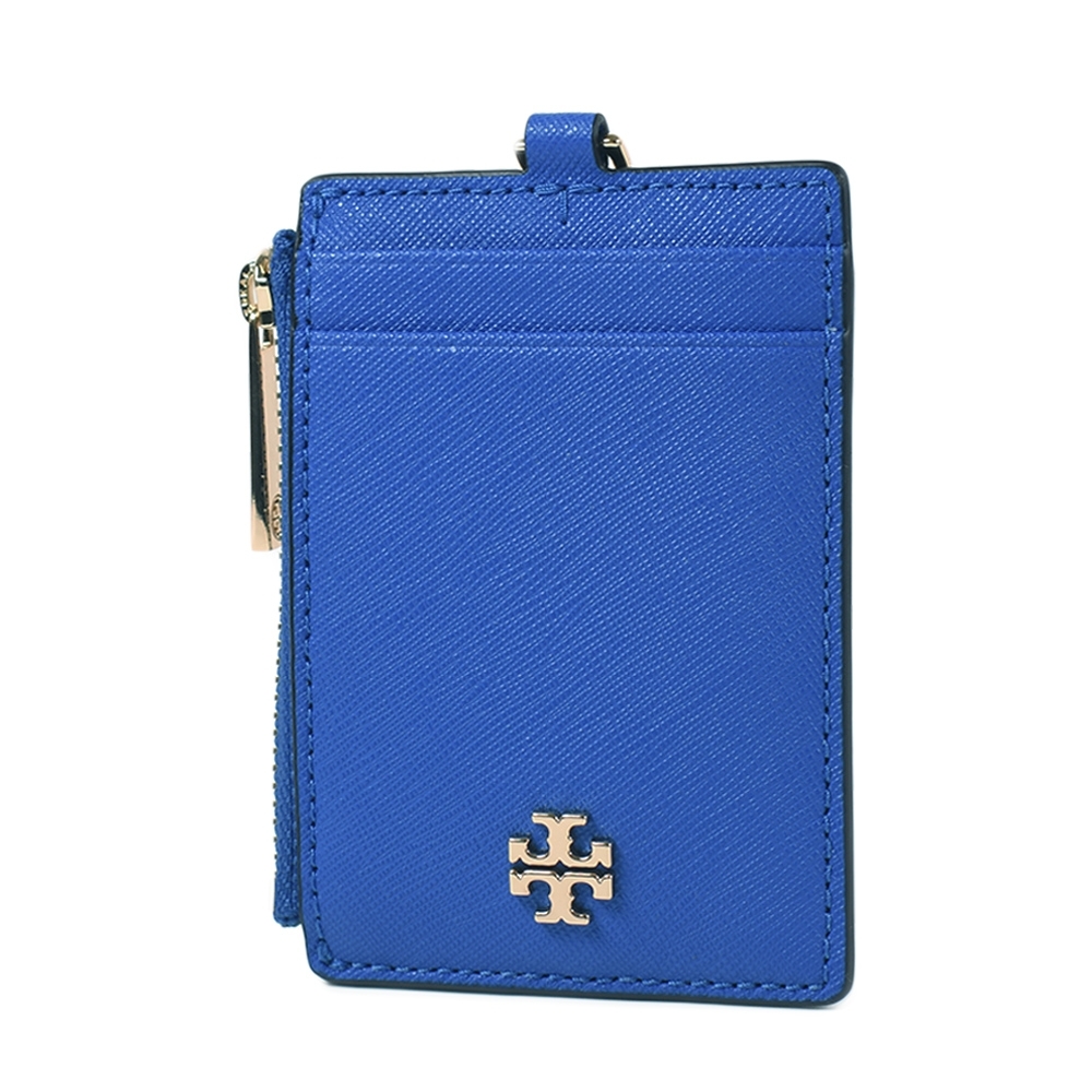 TORY BURCH 金屬拉鍊防刮皮革識別證掛帶/零錢包-寶藍色