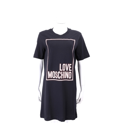 LOVE MOSCHINO 雙色方框字母膠印純棉黑色短袖長版TEE 洋裝