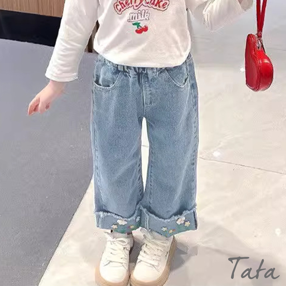 TATA KIDS 童裝 花朵刺繡褲腳鬆緊腰牛仔長褲