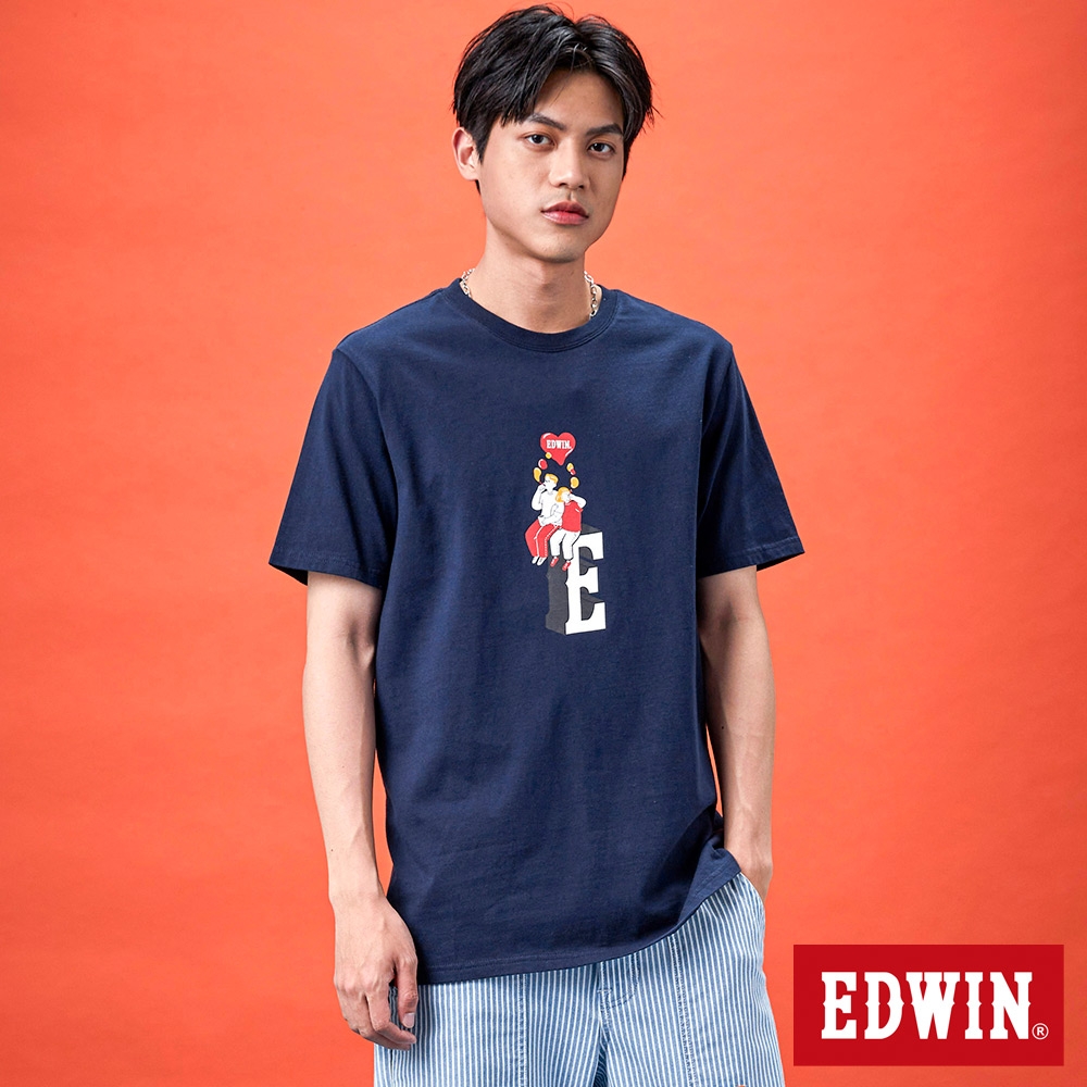 EDWIN 網路獨家 情侶插畫LOGO短袖T恤-中性-丈青色