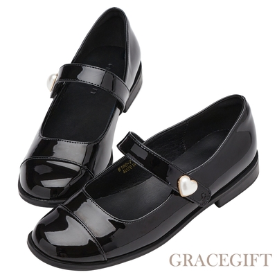 【Grace Gift】舒適珍珠愛心低跟芭蕾舞瑪莉珍鞋 黑