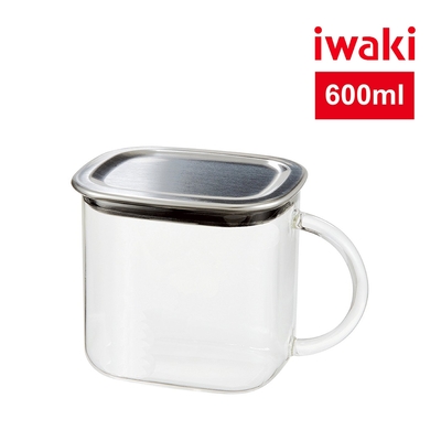 【iwaki】耐熱玻璃不銹鋼蓋方型把手收納盒-600ml