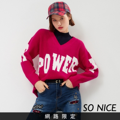 SO NICE率性落肩POWER字母針織長上衣